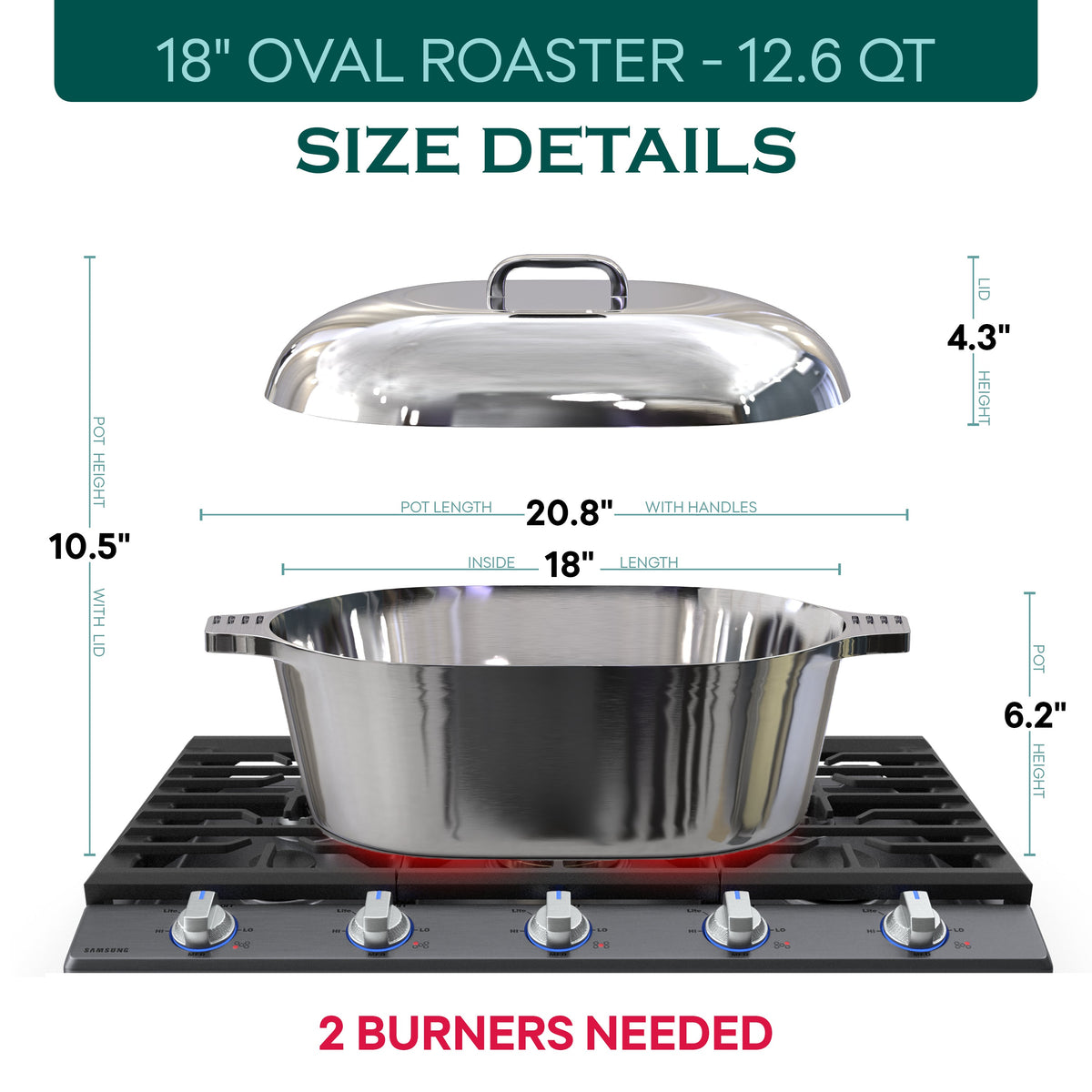 Oval stainless steel dutch oven with lid, dimensions diagram