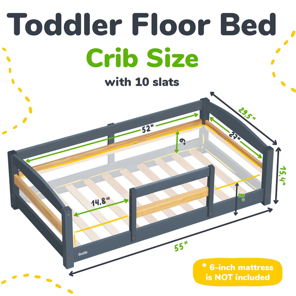 Crib-size toddler floor bed with safety rails, dark gray frame and 10 slats