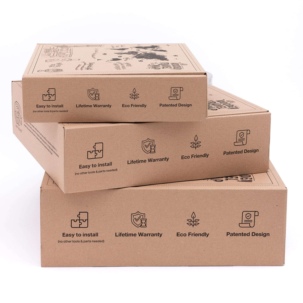 Stacked boxes for wooden map wall decor, printed with install and warranty icons