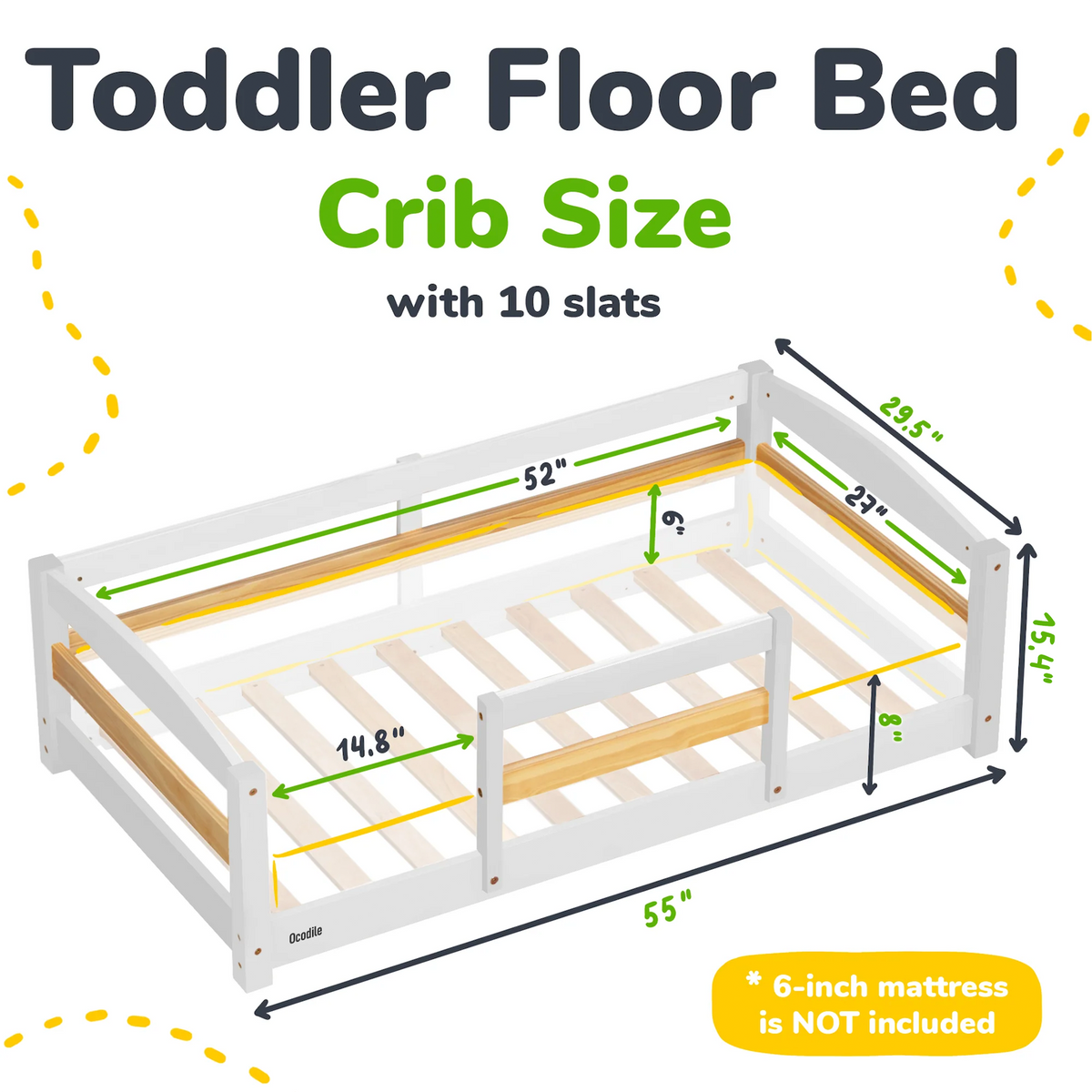 Crib-size toddler floor bed with safety rails, gray frame and 10 slats