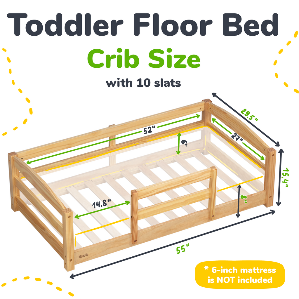 Crib-size toddler floor bed with safety rails, light wood frame and 10 slats