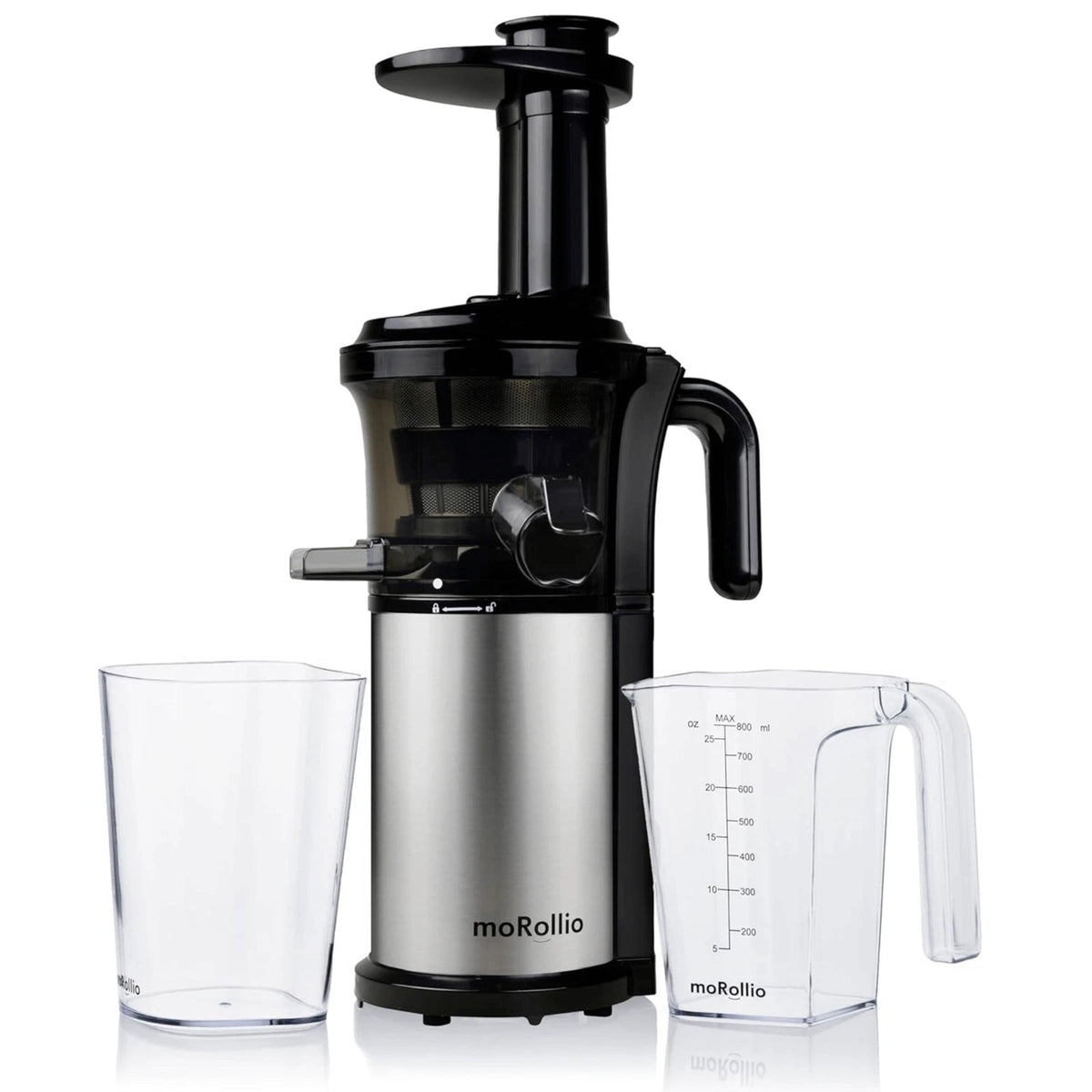 Morollio cold press slow juicer with black top and silver base, plus two clear juice cups