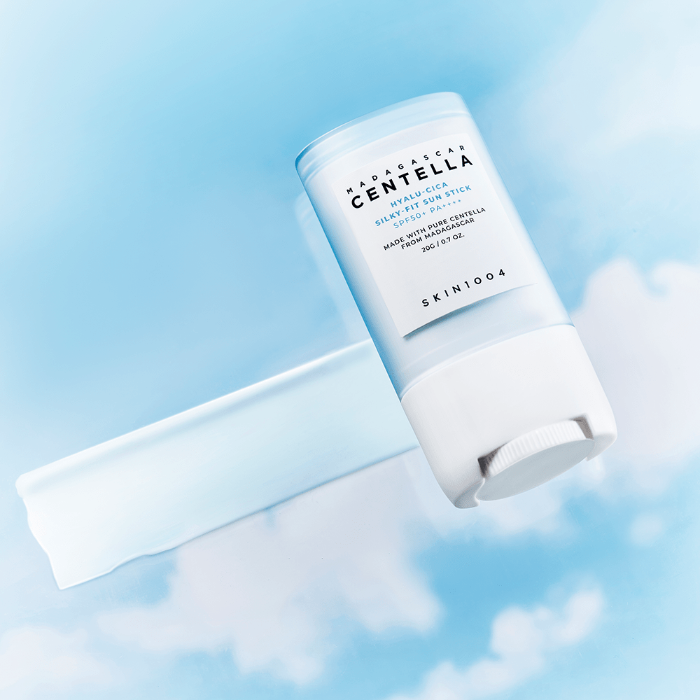Silky-fit sunscreen stick tube with cap, white body and light blue label