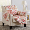 Reversible floral patchwork furniture protector in burgundy, taupe, and cream