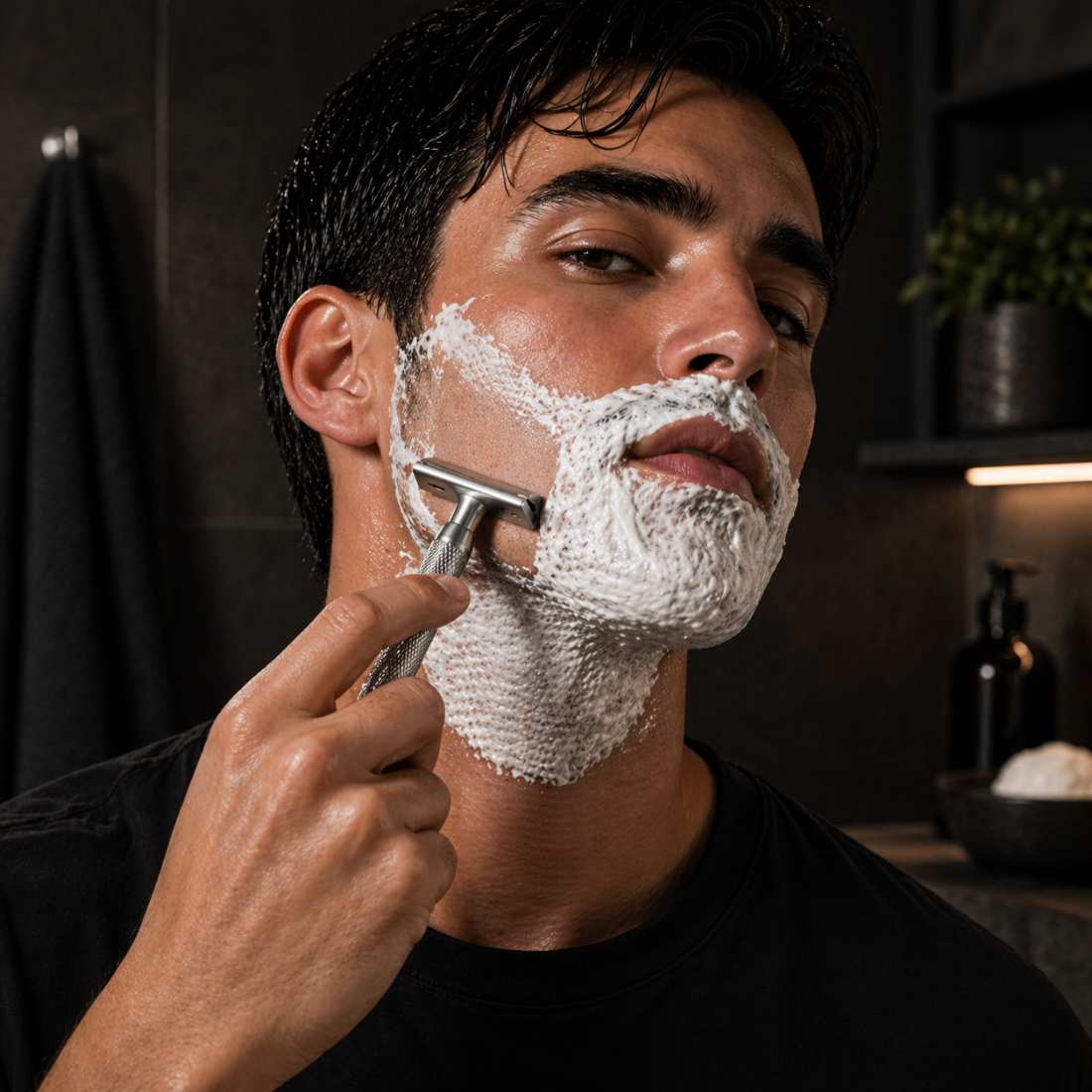 Man shaving with double-edge safety razor; white foam on face