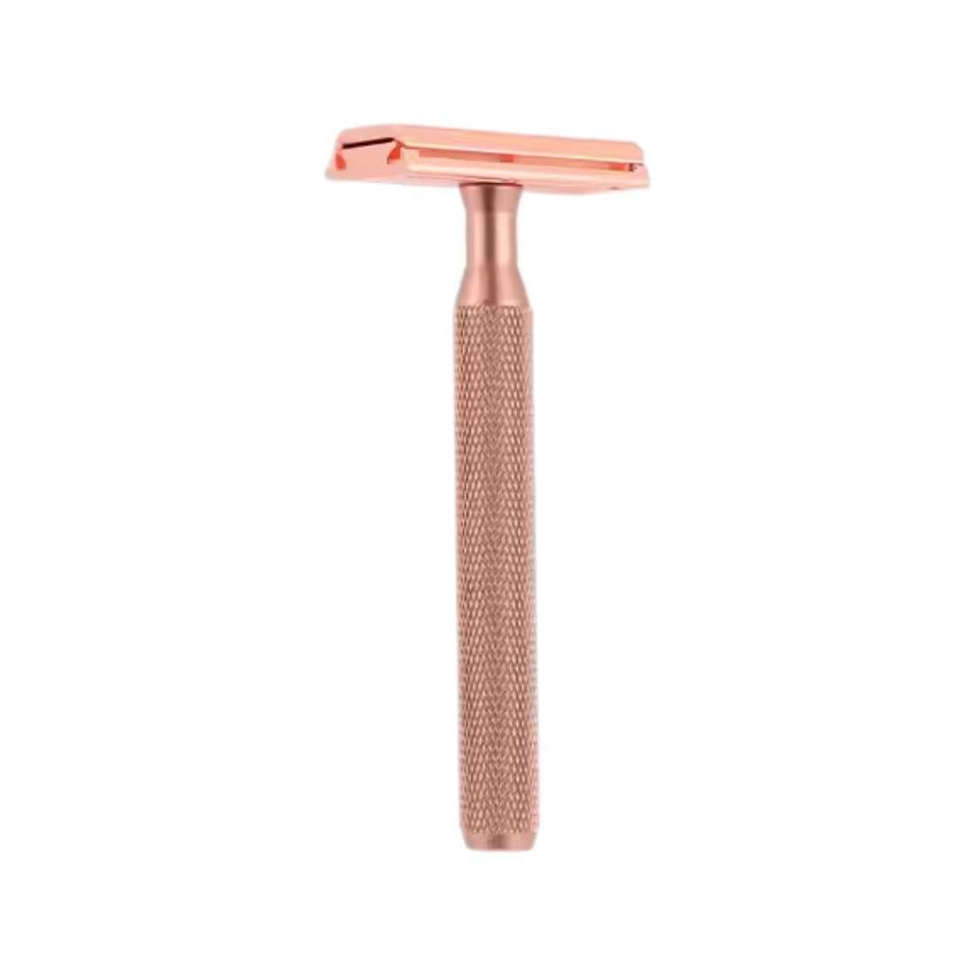 Rose gold double-edge safety razor with textured handle grip