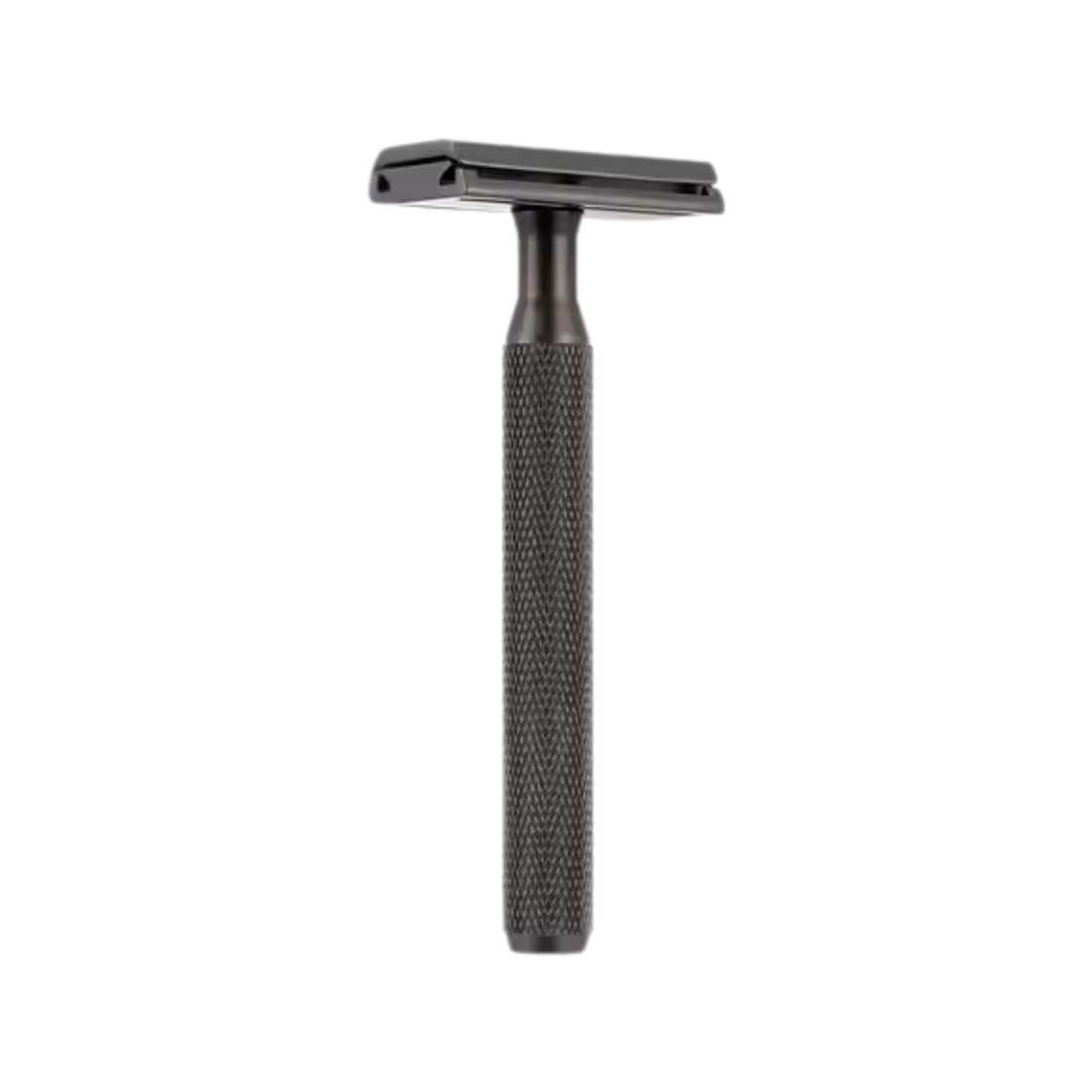 Matte black double-edge safety razor with textured grip handle