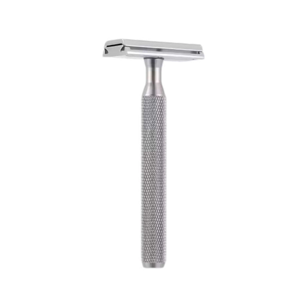 Silver double-edge safety razor with textured grip handle