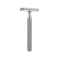 Silver double-edge safety razor with textured grip handle