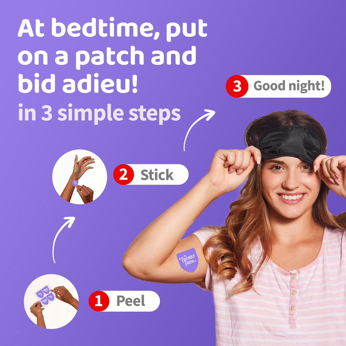 Melatonin sleep patch application steps with peel and stick shown on skin.