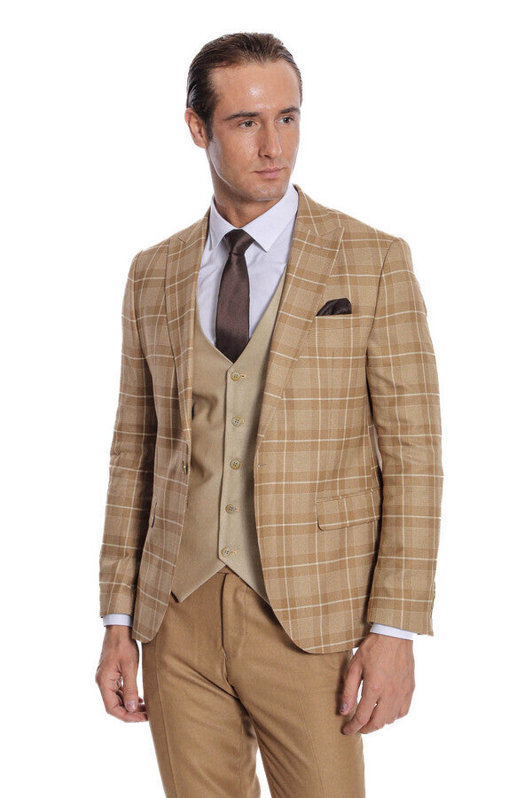 Men's checked tan suit set with beige waistcoat, dark tie, side profile