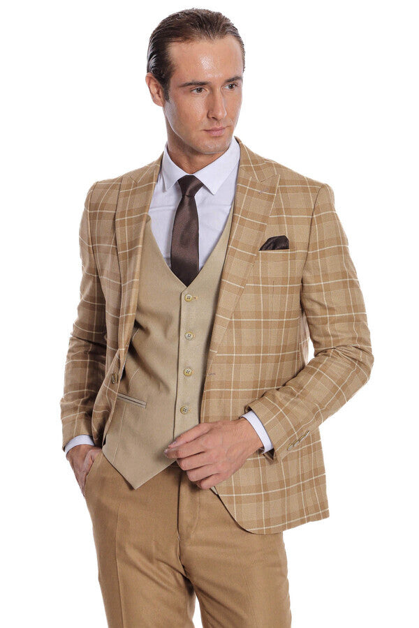 Men's checked tan blazer with beige waistcoat and dark tie, pocket and lapel view