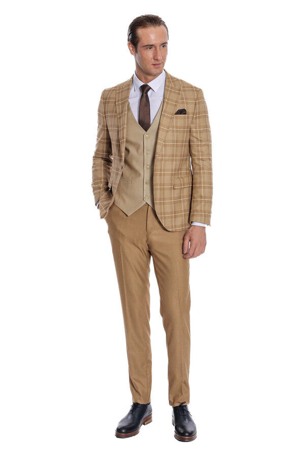 Men's checked tan blazer with beige waistcoat and matching tan trousers, full view