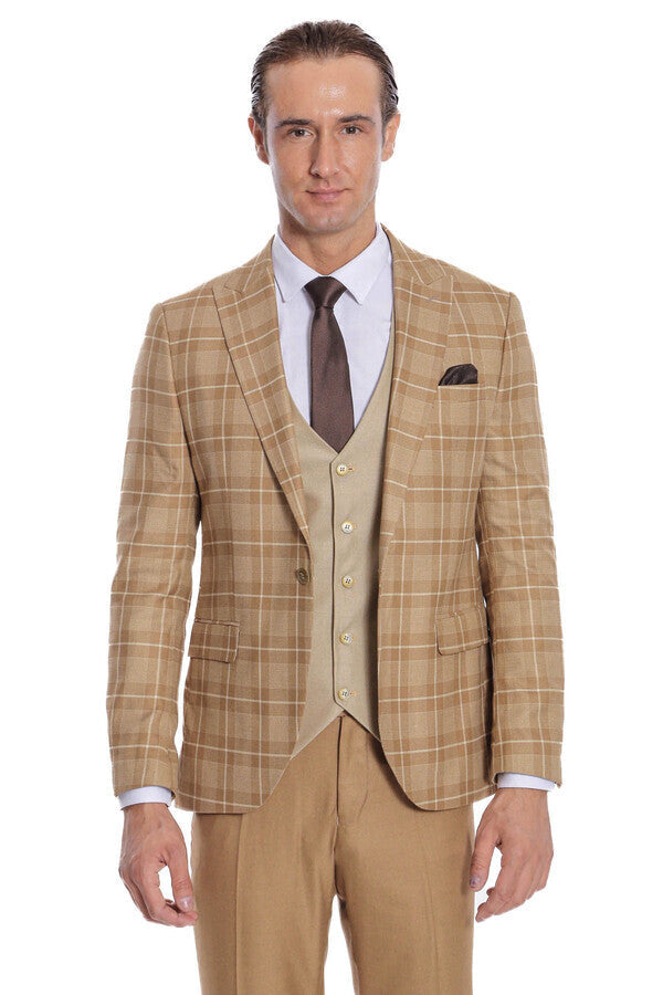 Men's checked tan blazer and beige waistcoat with dark tie, straight-on stance