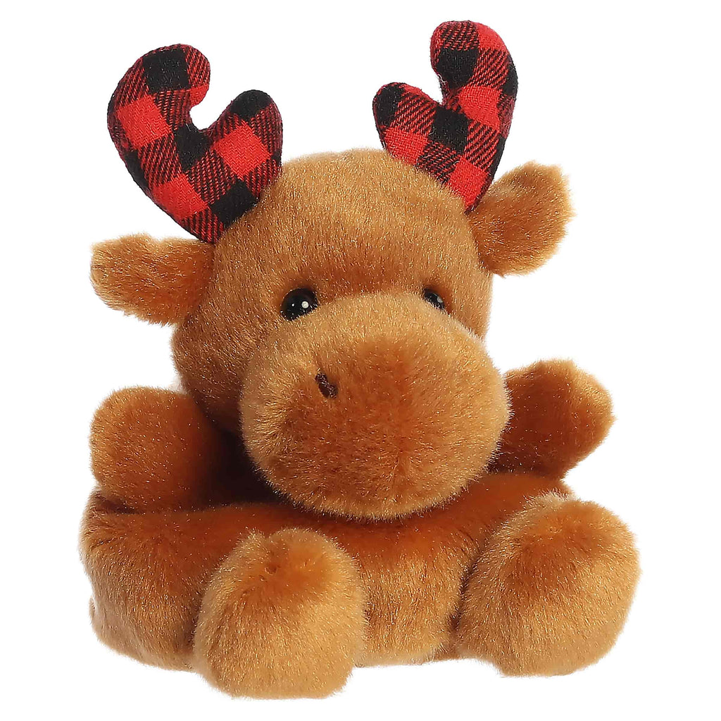 Plush moose stuffed animal with red and black plaid antlers, tan body
