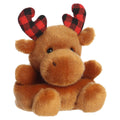 Plush moose stuffed animal with red and black plaid antlers, tan body