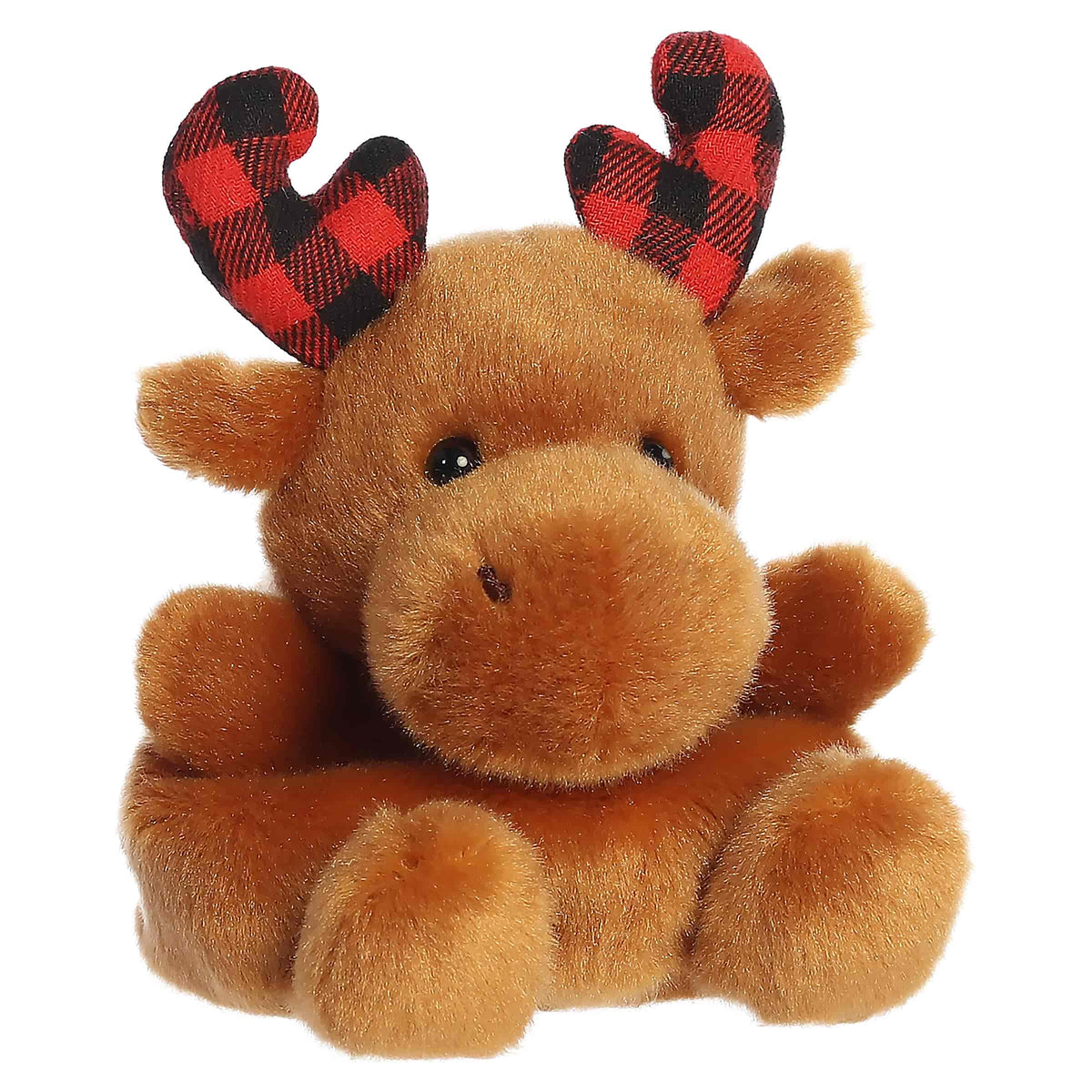 Plush moose stuffed animal with red and black plaid antlers, tan body