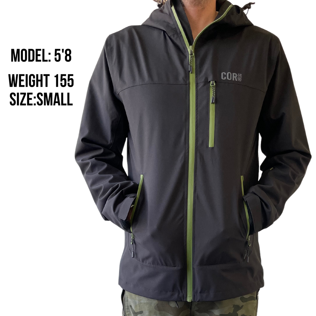 Black rain jacket with green zipper accents, hood, and zip front pockets