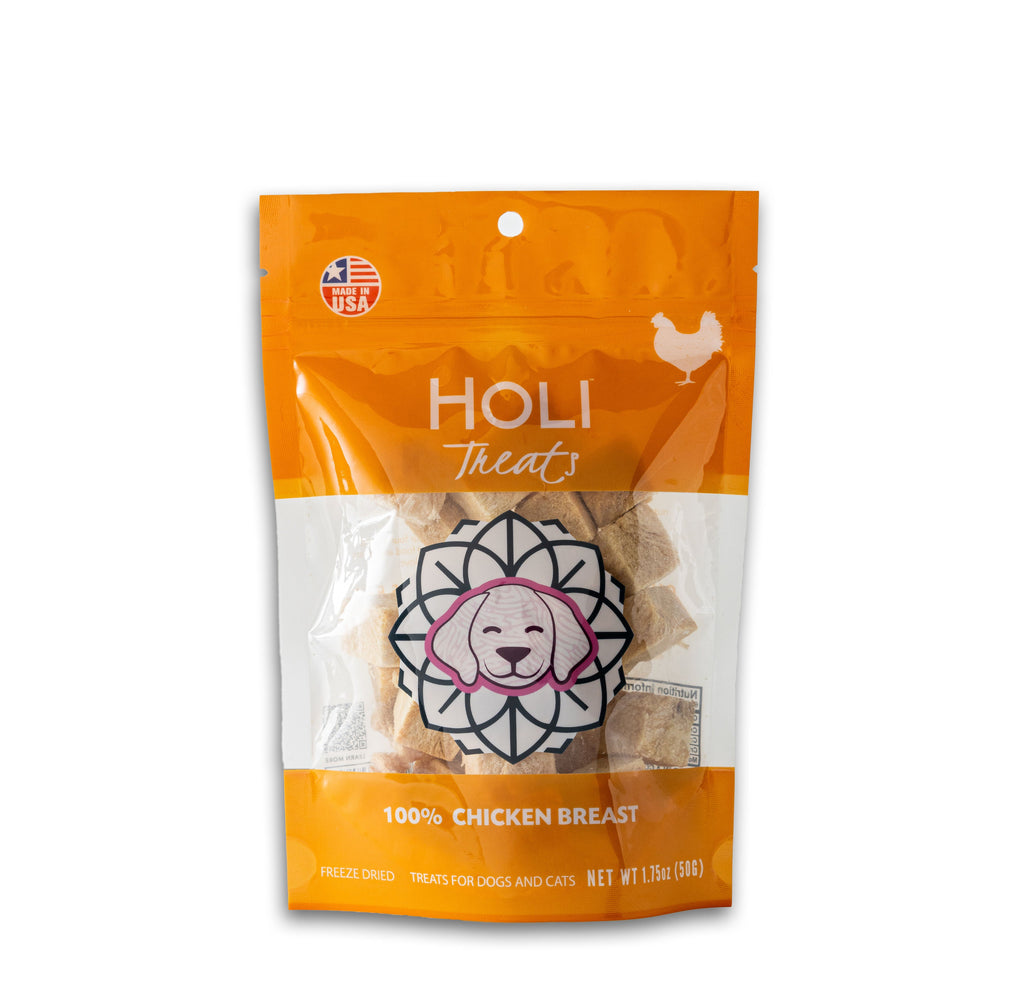 Freeze-dried chicken breast dog treat pouch, front view
