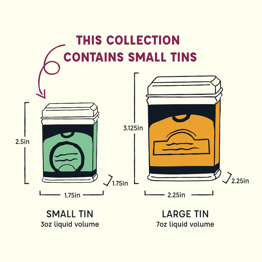 Collection diagram showing small and large Spicewalla tins with size dimensions