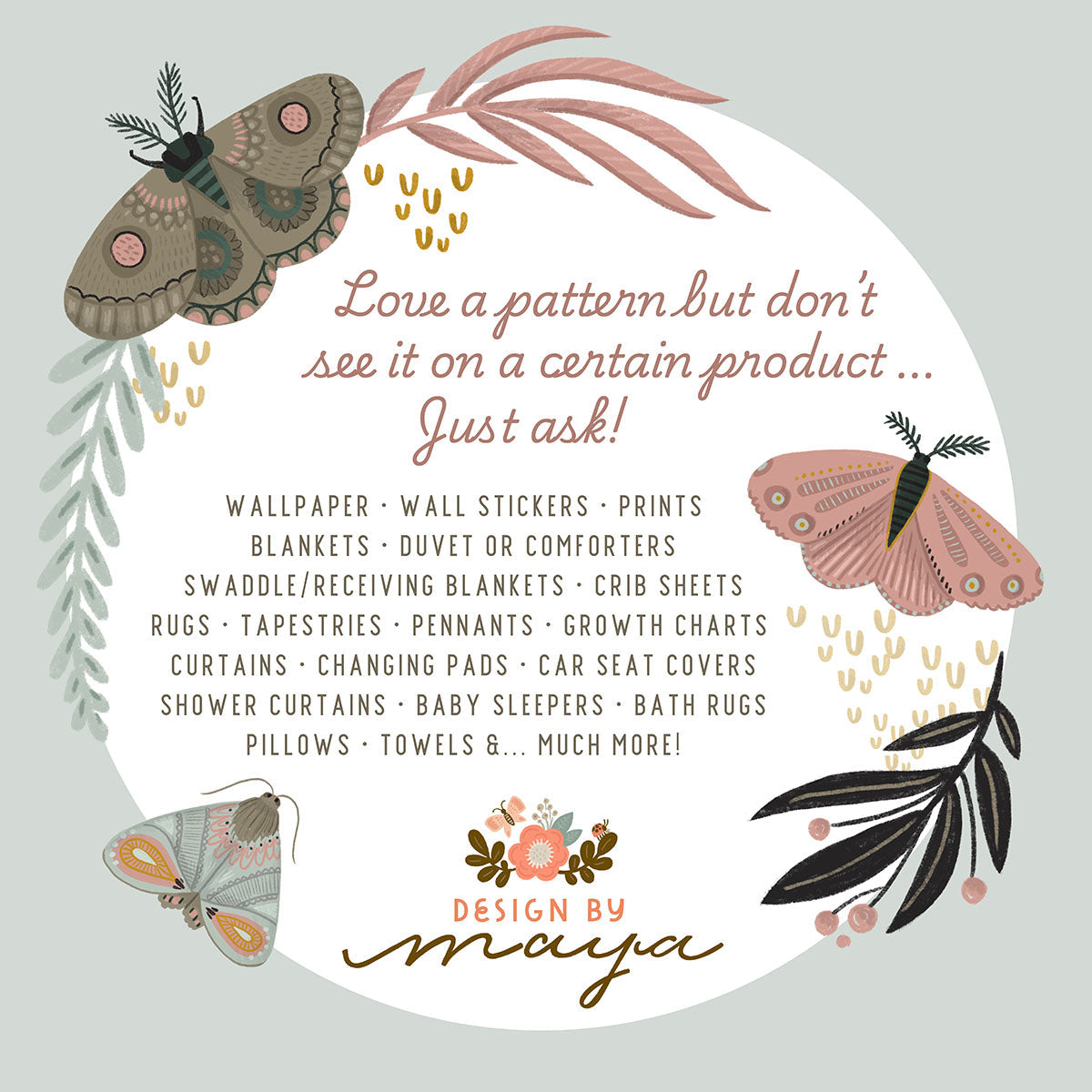 Kids bedding design graphic with moth illustration and “Design by amacy” text