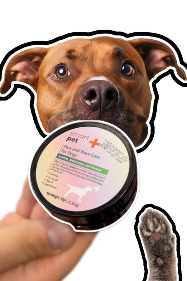 Dog paw and nose balm jar held in hand, circular lid with care label.