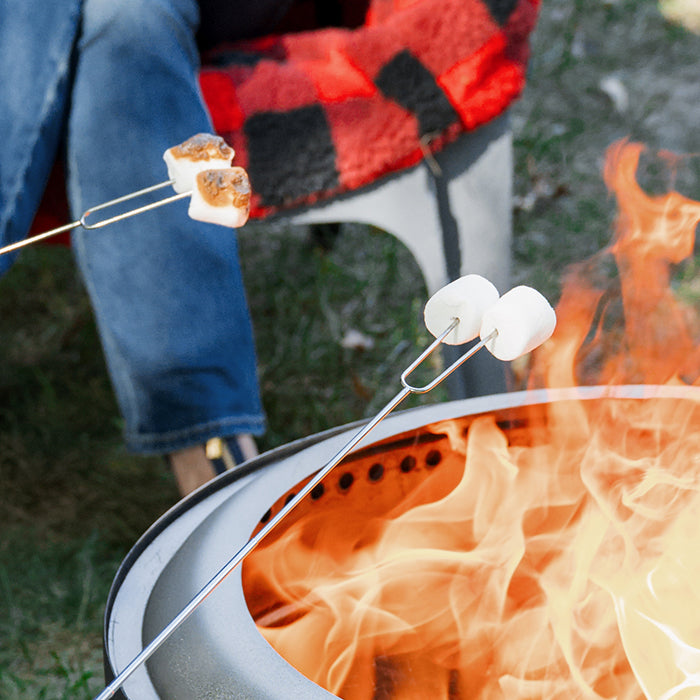Roasting stick holding a marshmallow over open fire in a fire pit