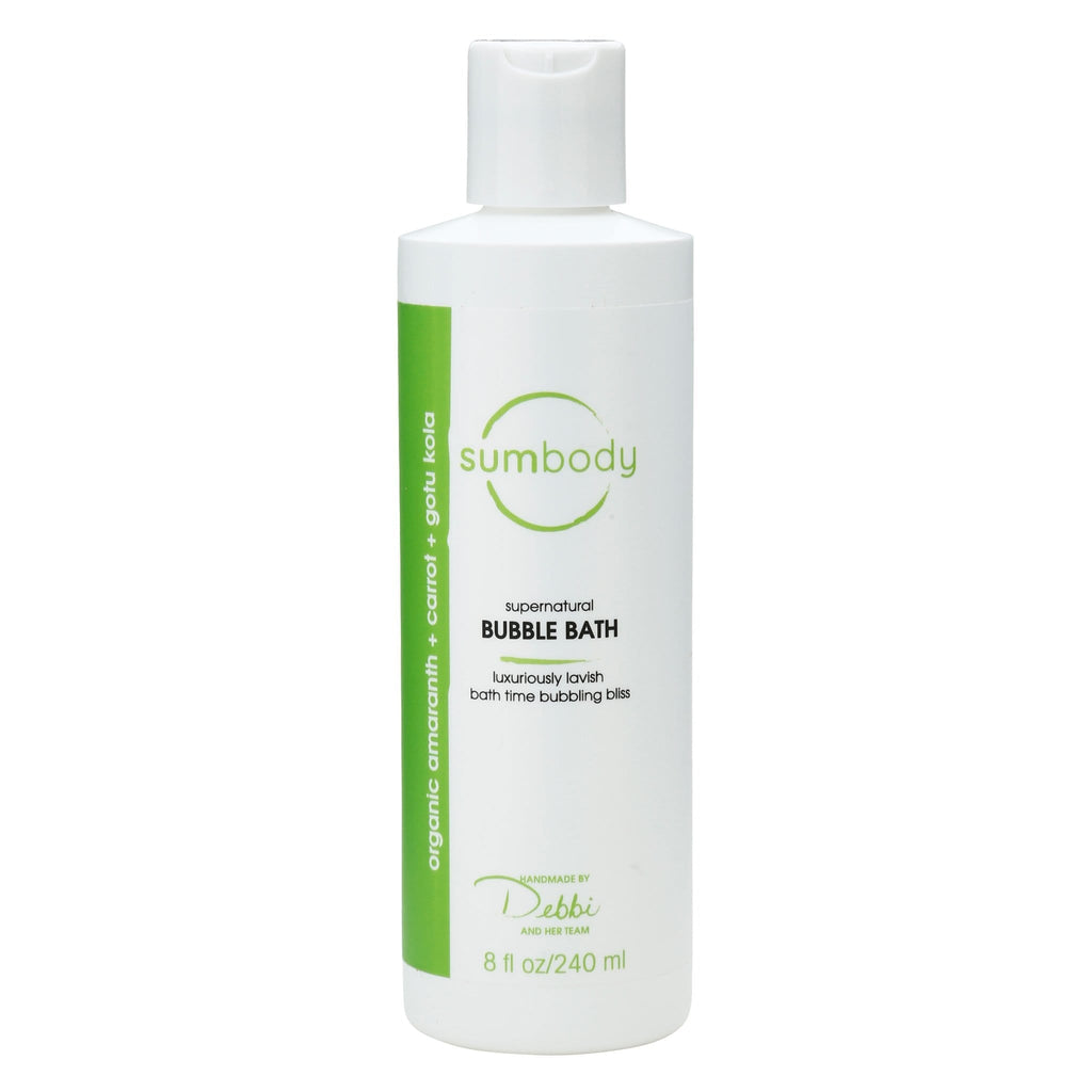 White bubble bath bottle with green label and pump cap, 8 fl oz (240 ml)