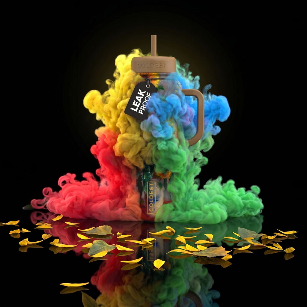 Colorful 24oz insulated tumbler with straw lid, carry handle, and smoky cloud design.