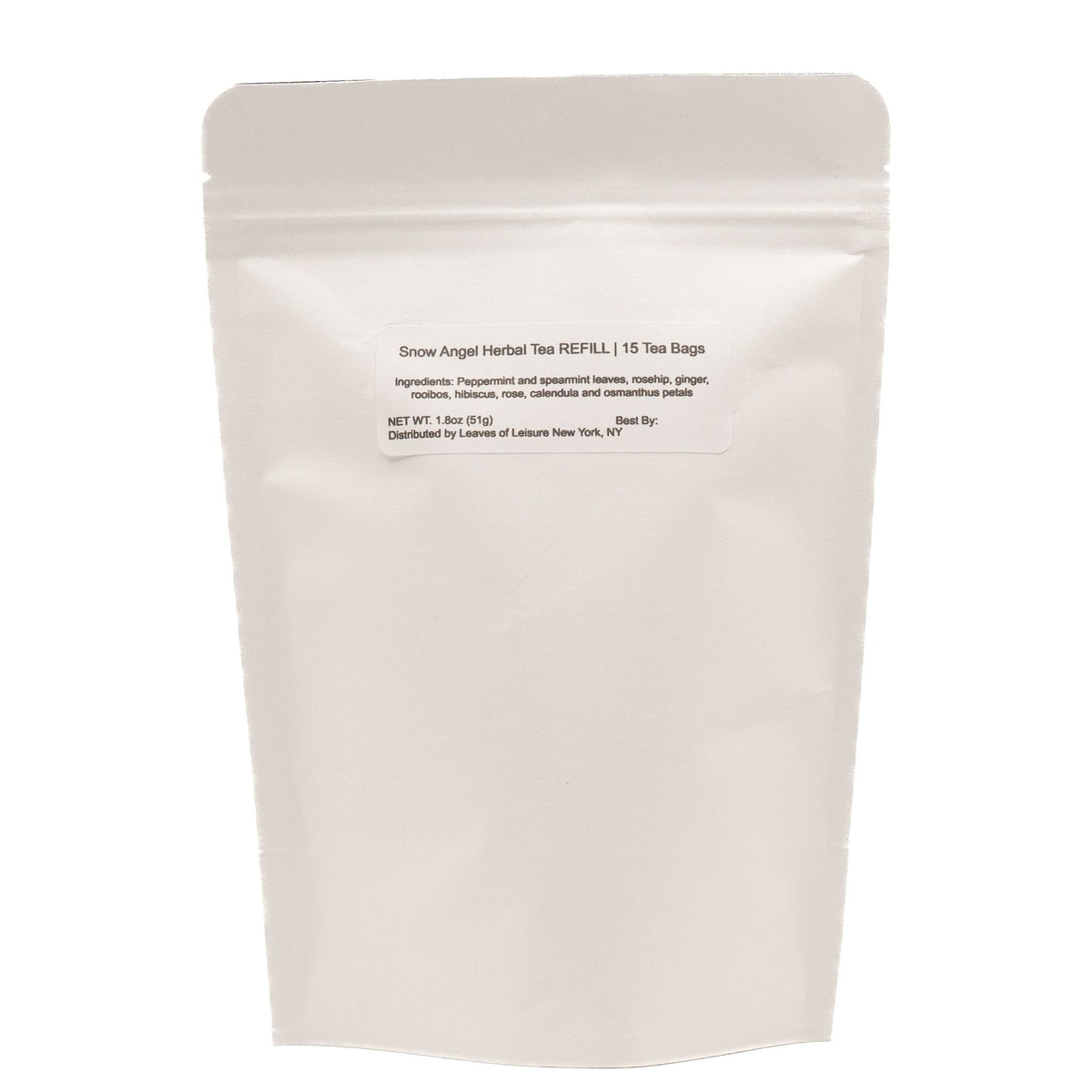 White resealable herbal tea pouch with plain front view