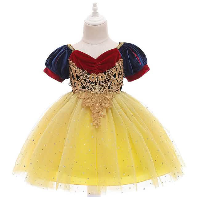 Princess cosplay dress with red velvet bodice, navy puff sleeves, gold lace, yellow tulle skirt