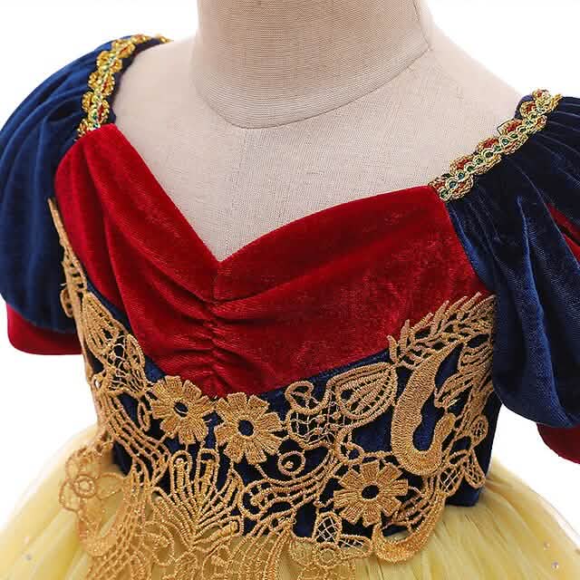 Red velvet bodice with gold filigree lace panel and navy puff sleeve trim