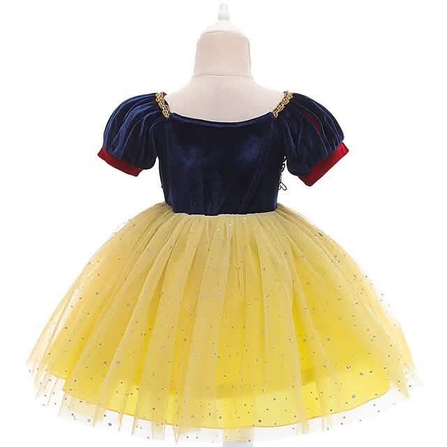 Princess cosplay dress back view with navy short sleeves and yellow glitter tulle skirt