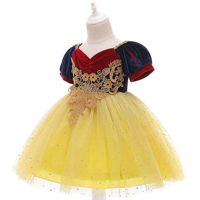 Princess cosplay dress with red V-neck bodice, gold lace trim, navy puff sleeves, yellow tulle skirt