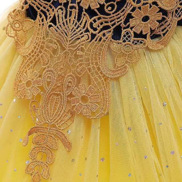 Gold lace embroidery on yellow glitter tulle skirt with small sparkle dots