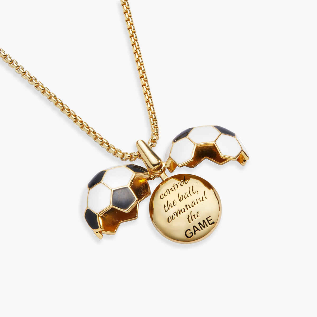 Gold soccer ball charm locket necklace with round engraved pendant
