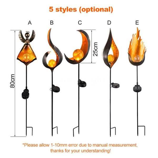 Set of five styles solar LED flame stake lights with different heights