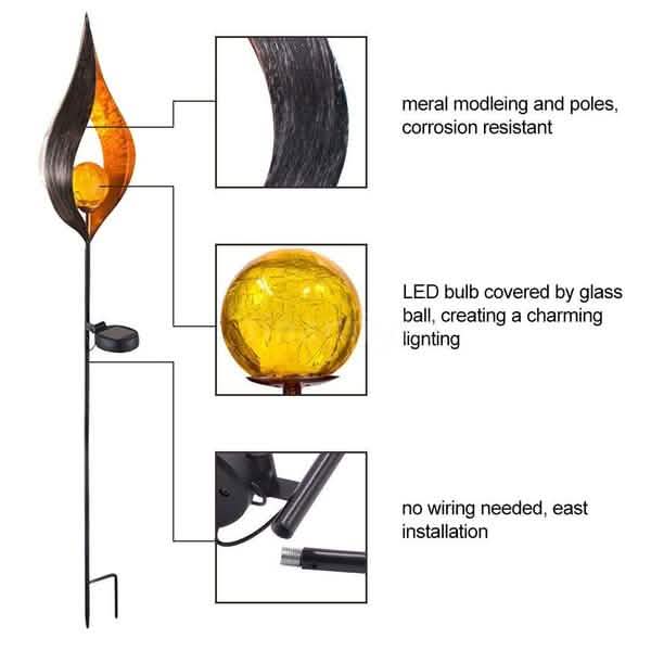 Solar LED flame stake light with glass-covered glowing bulb and no-wiring setup