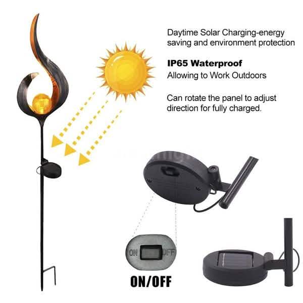 Solar LED flame stake light kit with solar panel and waterproof design features