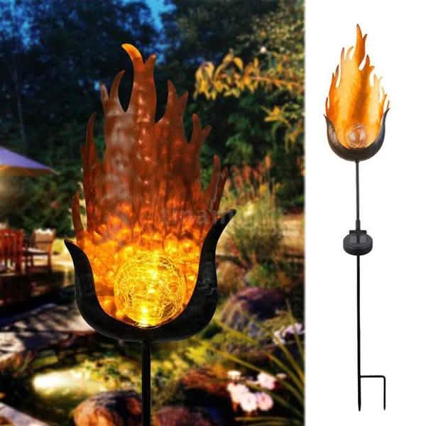 Solar LED flame stake light with flame-tipped metal petals and glowing amber core