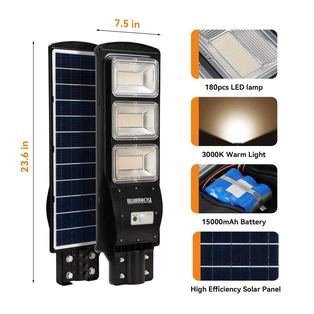 Solar street LED light diagram with three LED blocks and high-efficiency solar panel