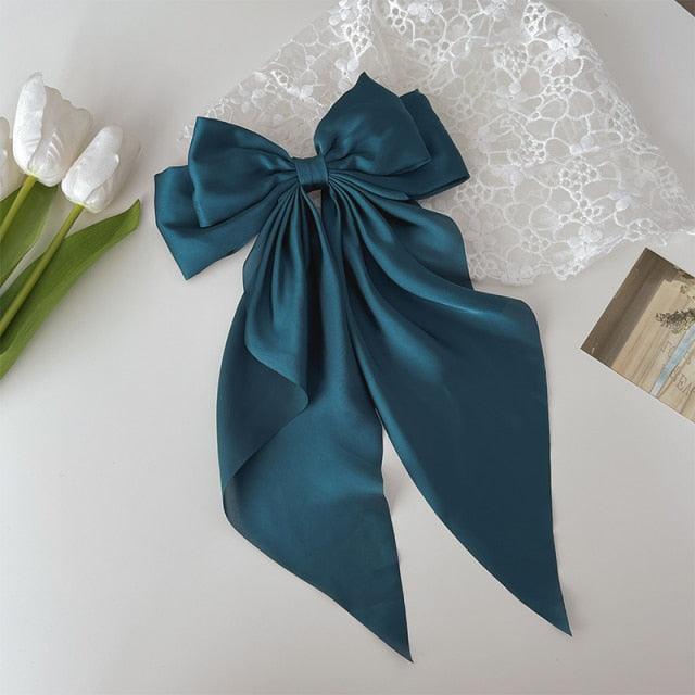 Teal satin big bow hairpin with long ribbon tails