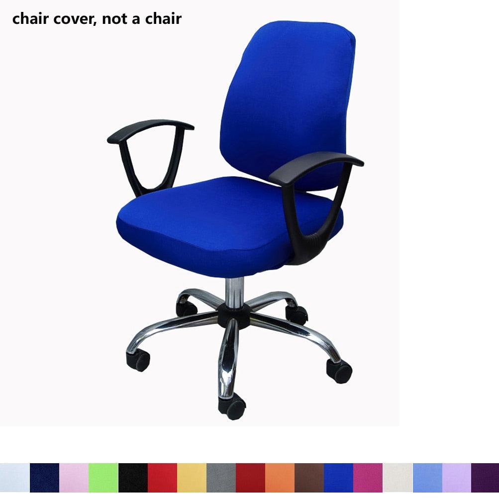 Blue spandex office chair cover with split seat and armrest openings, fitted look.