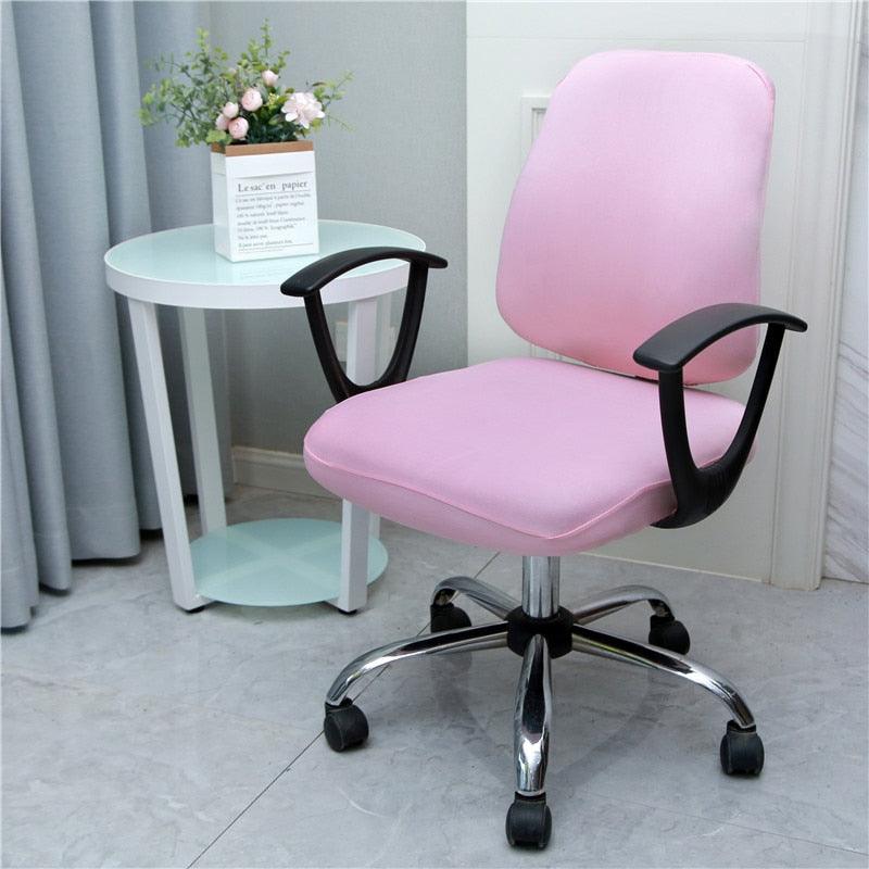 Pink spandex office chair cover with split seat, fitting rolling task chair with black arms