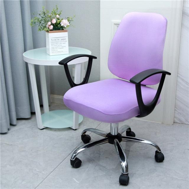 Light purple spandex office chair cover with split seat, for rolling task chair with black arms