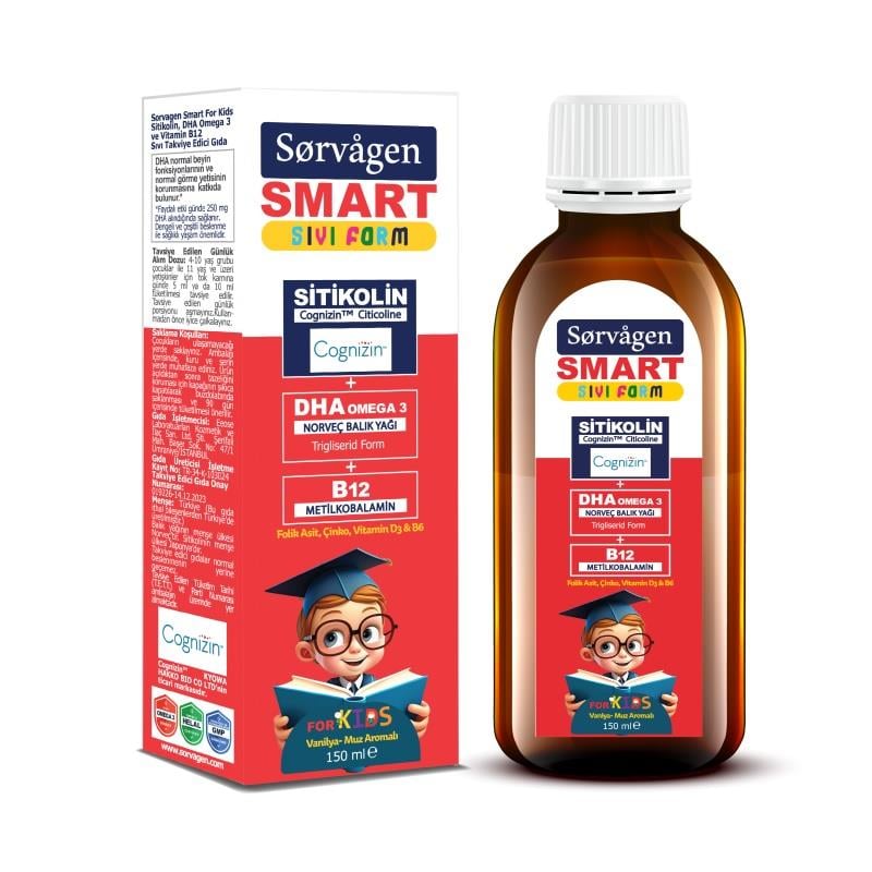 Kids citicoline liquid supplement set with amber bottle and red/white product box, 150 ml
