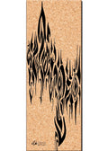 Cork yoga mat with black flame design and logo near the bottom