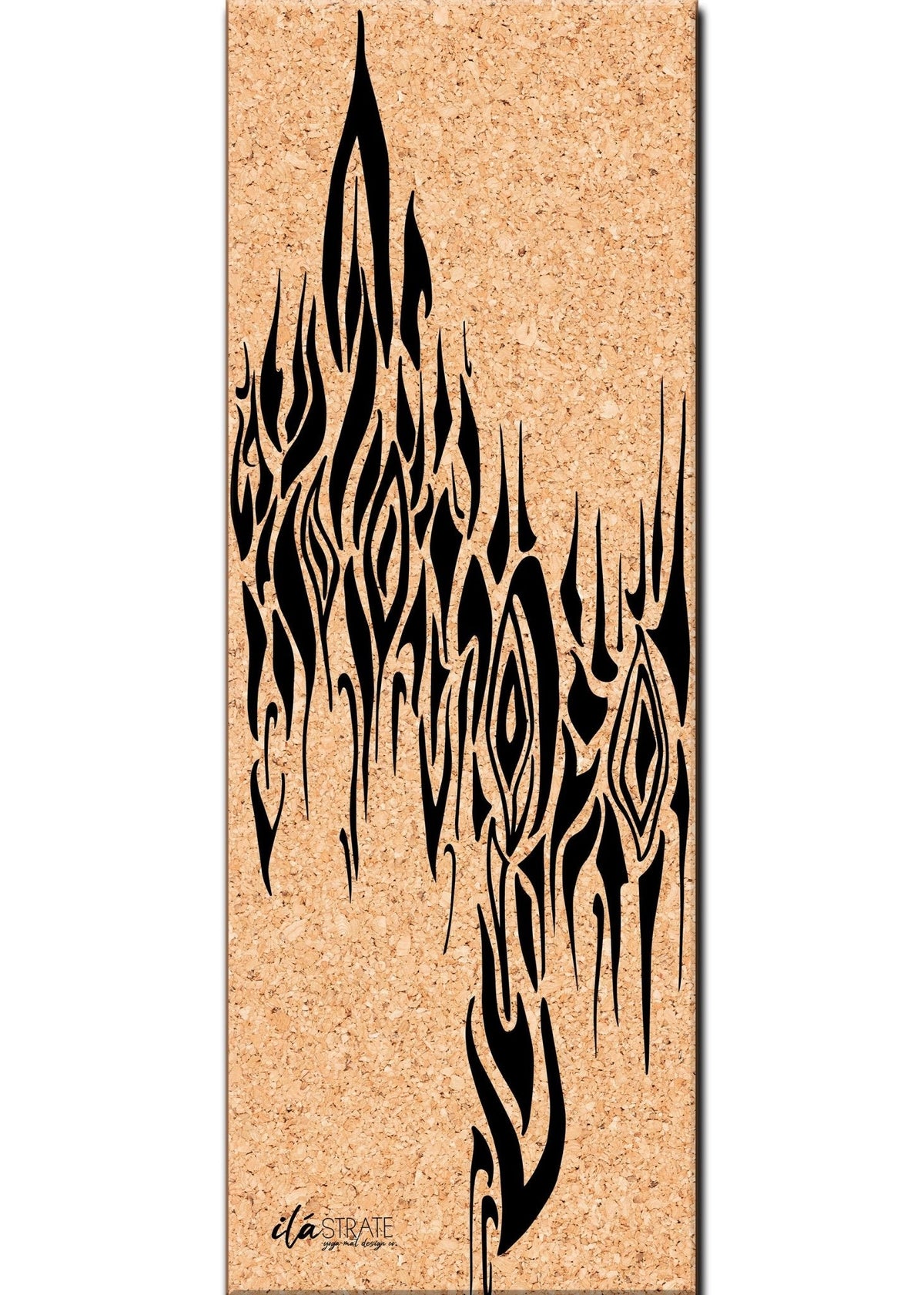 Cork yoga mat with black flame design and logo near the bottom