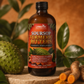 Amber bottle of soursop turmeric bitters with a red and green front label