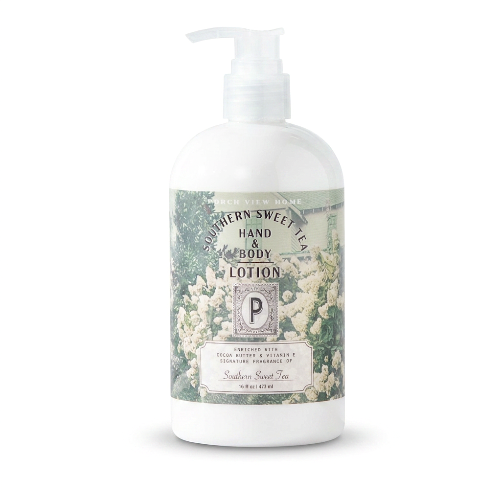 Southern Sweet Tea hand & body lotion pump bottle, white with floral label.